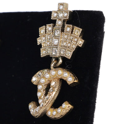 Faux Pearl & Strass CC Crown Drop Pierced Earrings