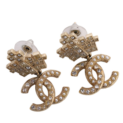 Faux Pearl & Strass CC Crown Drop Pierced Earrings