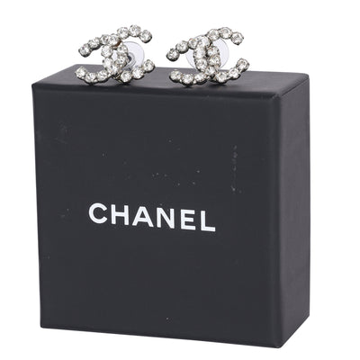 CC Logo Silver Crystal Pierced Earrings