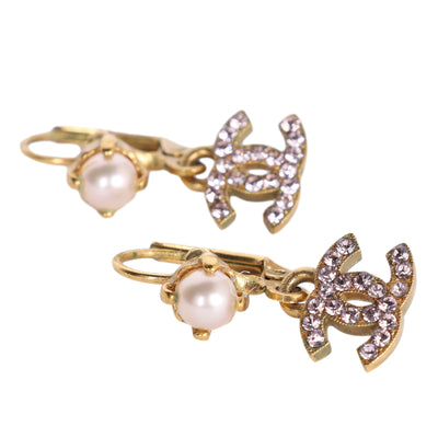 CC logo pink crystal pearl hook dangle earrings