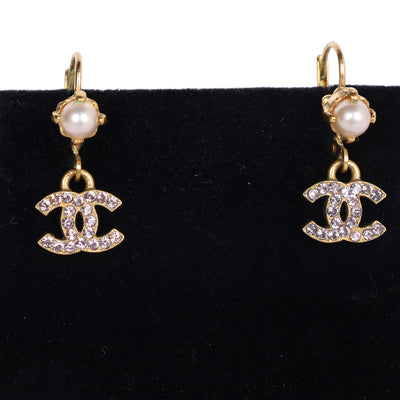 CC logo pink crystal pearl hook dangle earrings