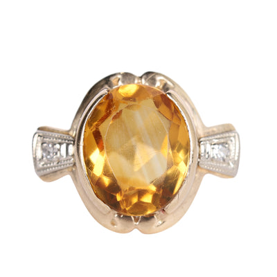 10k Citrine Large solitaire with Diamonds Ring