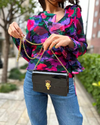 Patent Calfskin Leather Monogram Cherrywood Chain Wallet Black