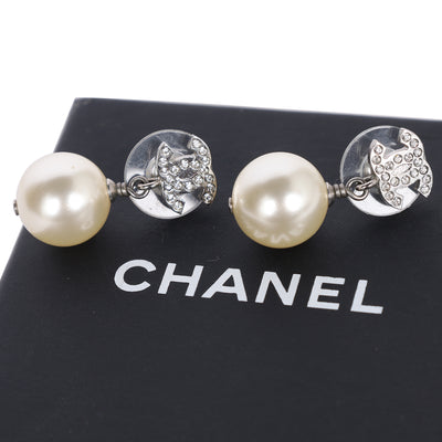 Crystal Pearl CC Drop Earrings Silver