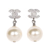 Crystal Pearl CC Drop Earrings Silver