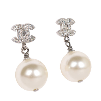 Crystal Pearl CC Drop Earrings Silver