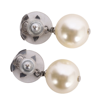 Crystal Pearl CC Drop Earrings Silver