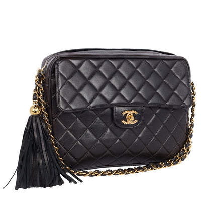 Lambskin Quilted Tassel Camera Case Black Medium Black