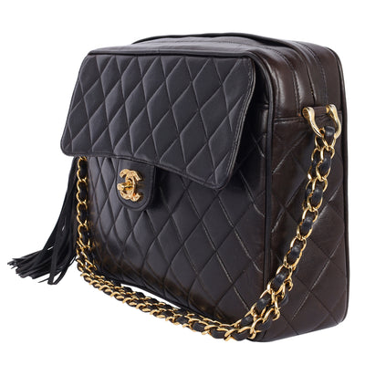 Lambskin Quilted Tassel Camera Case Black Medium Black