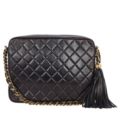 Lambskin Quilted Tassel Camera Case Black Medium Black