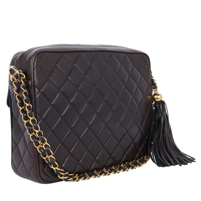 Lambskin Quilted Tassel Camera Case Black Medium Black