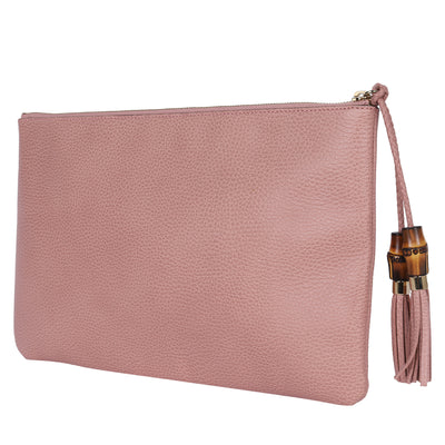 Pebbled Calfskin Leather Large Bamboo Clutch Cosmetic Case Pink