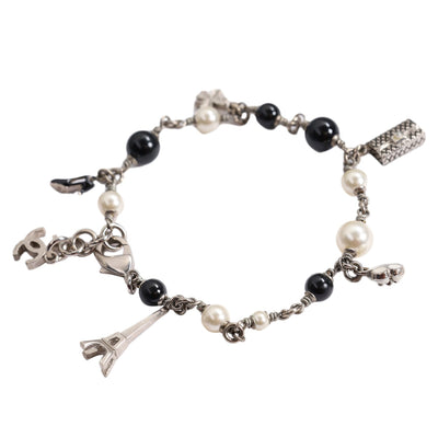 Faux Pearl Black Bead Multi Charm Silver Tone Bracelet