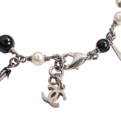 Faux Pearl Black Bead Multi Charm Silver Tone Bracelet