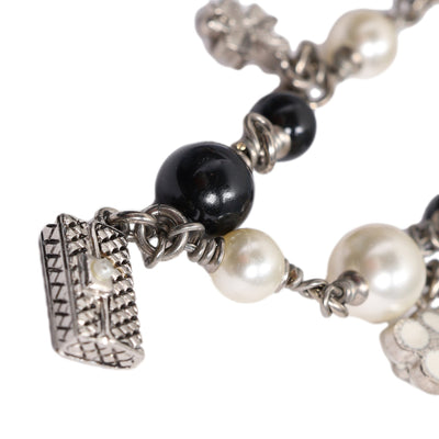 Faux Pearl Black Bead Multi Charm Silver Tone Bracelet