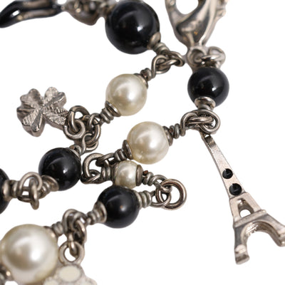 Faux Pearl Black Bead Multi Charm Silver Tone Bracelet