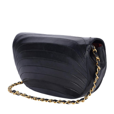 Half Moon Front Flap Leather Shoulder Bag Vintage Black