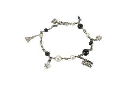 Faux Pearl Black Bead Multi Charm Silver Tone Bracelet